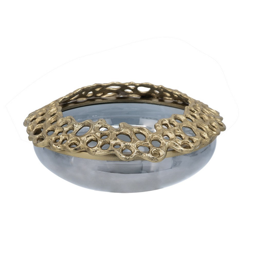 Brian Decorative Bowl w Gold Aluminum Sculpted Lid | Black Glass 12"