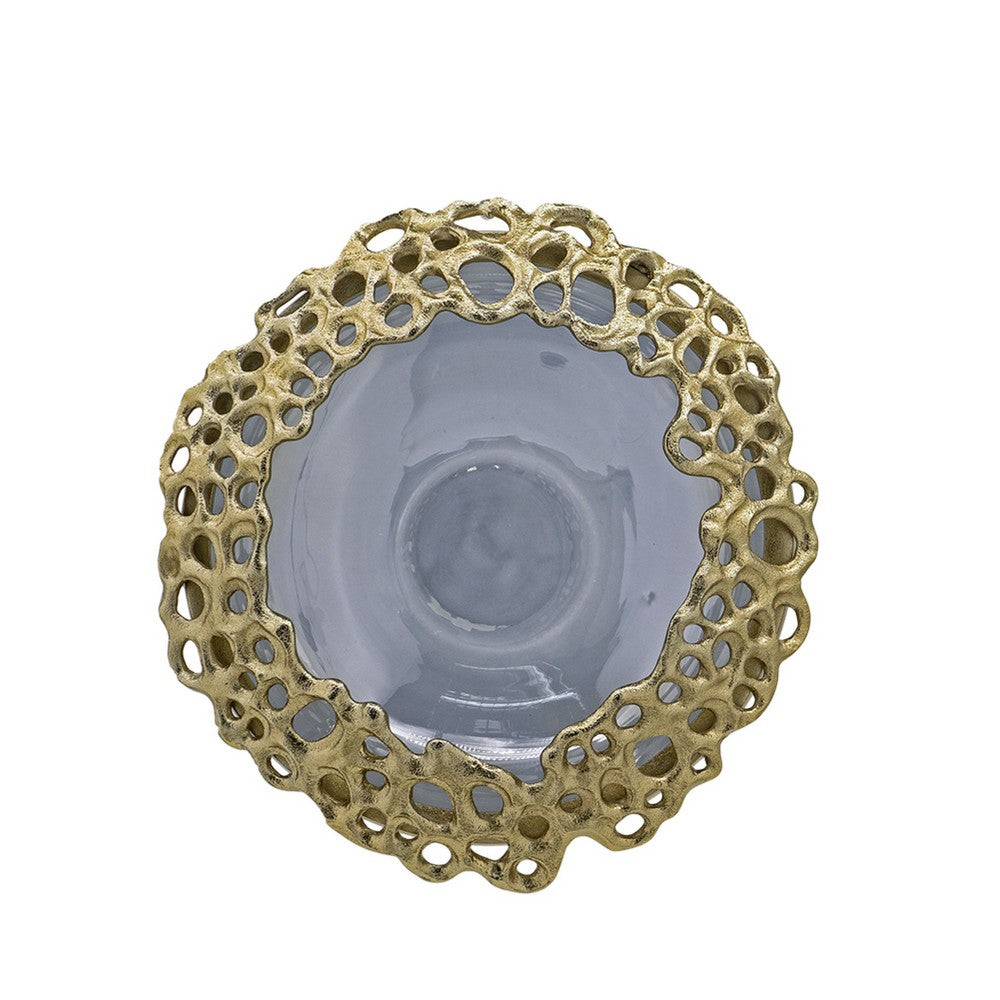Brian Decorative Bowl w Gold Aluminum Sculpted Lid | Black Glass 12"