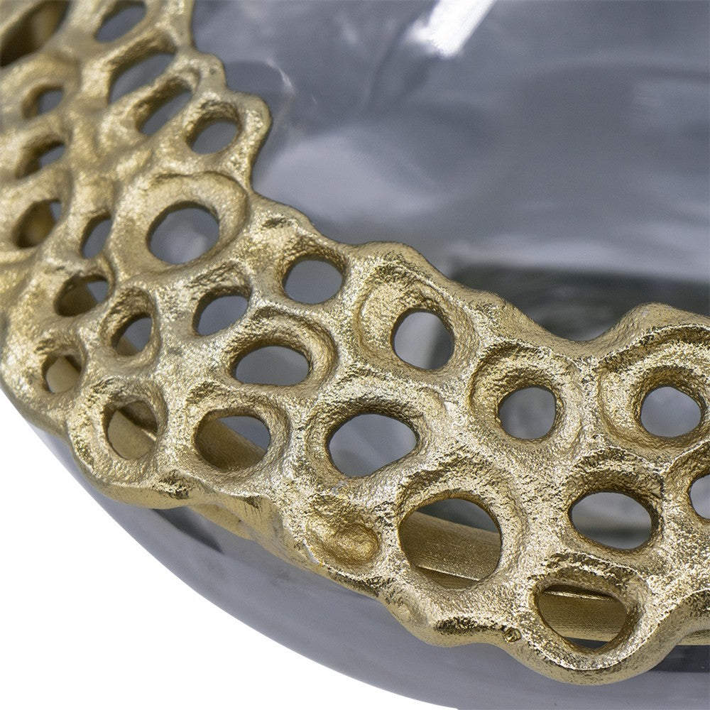 Brian Decorative Bowl w Gold Aluminum Sculpted Lid | Black Glass 12"