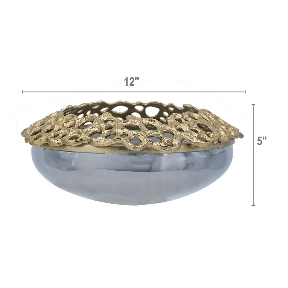 Brian Decorative Bowl w Gold Aluminum Sculpted Lid | Black Glass 12"