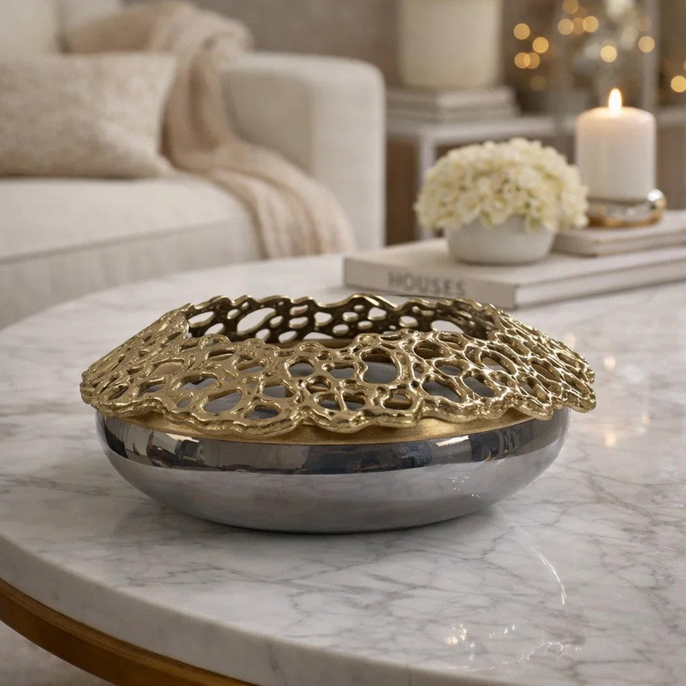 Brian Decorative Bowl w Gold Aluminum Sculpted Lid | Black Glass 12"