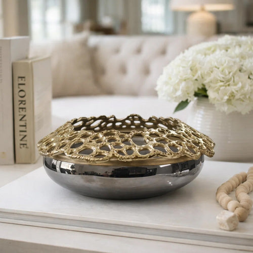 Brian Decorative Bowl w Gold Aluminum Sculpted Lid | Black Glass 12"