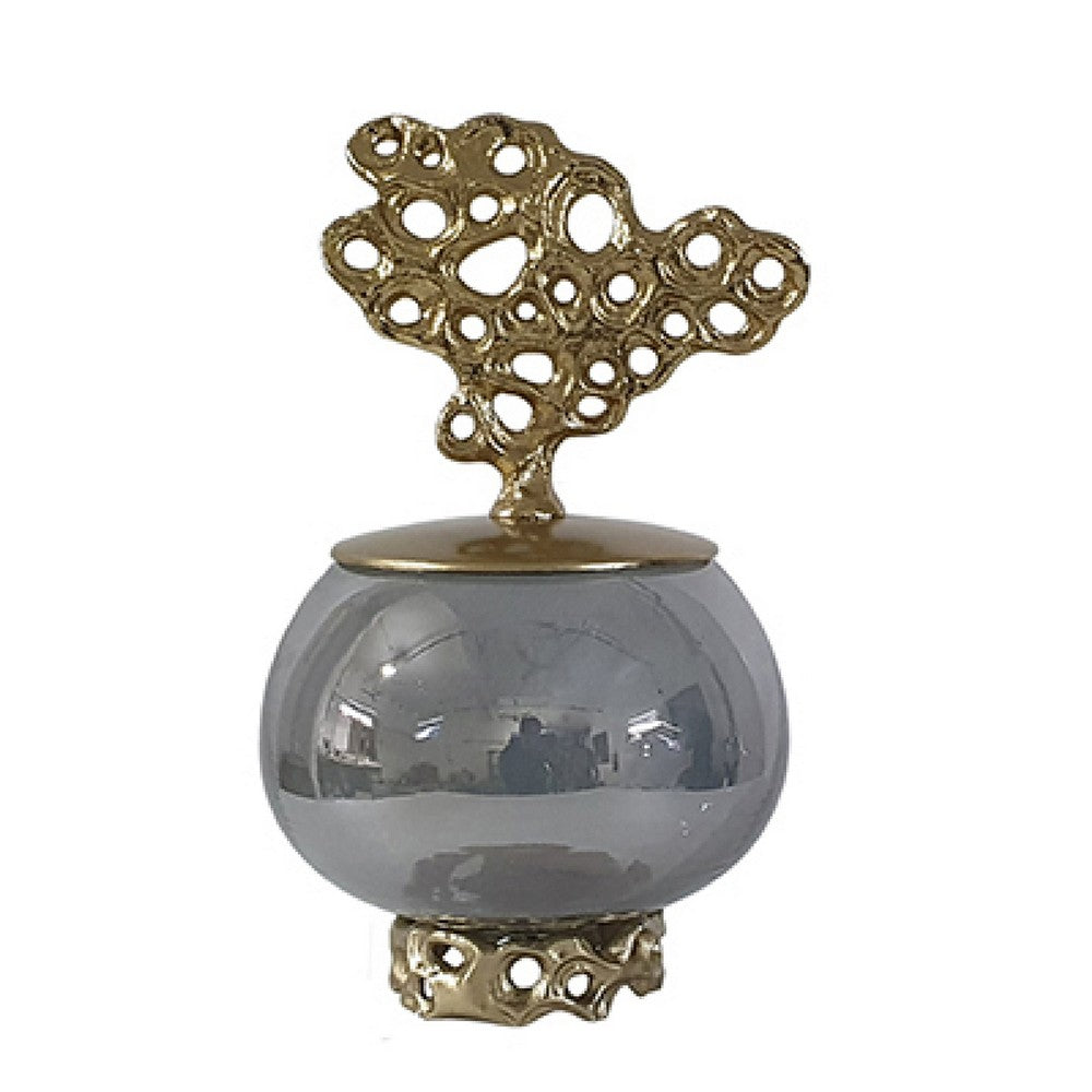 Marcy Decor Jar | Perforated Design Gold Aluminum Lid | Black Glass | 12"