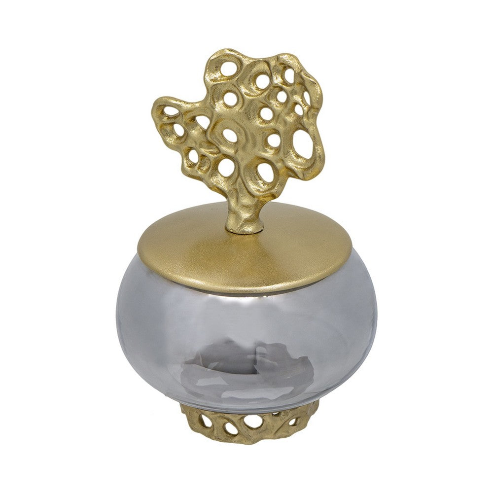 Marcy Decor Jar | Perforated Design Gold Aluminum Lid | Black Glass | 12"
