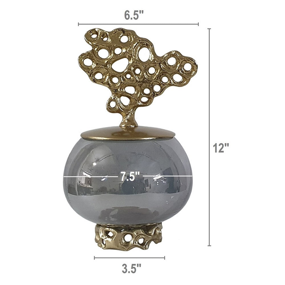 Marcy Decor Jar | Perforated Design Gold Aluminum Lid | Black Glass | 12"