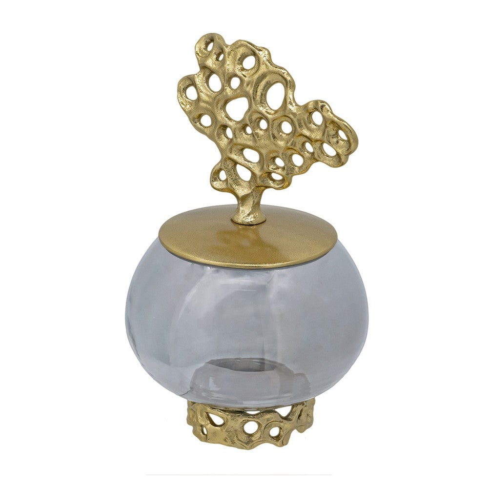 Marcy Decor Jar | Perforated Design Gold Aluminum Lid | Black Glass | 10"
