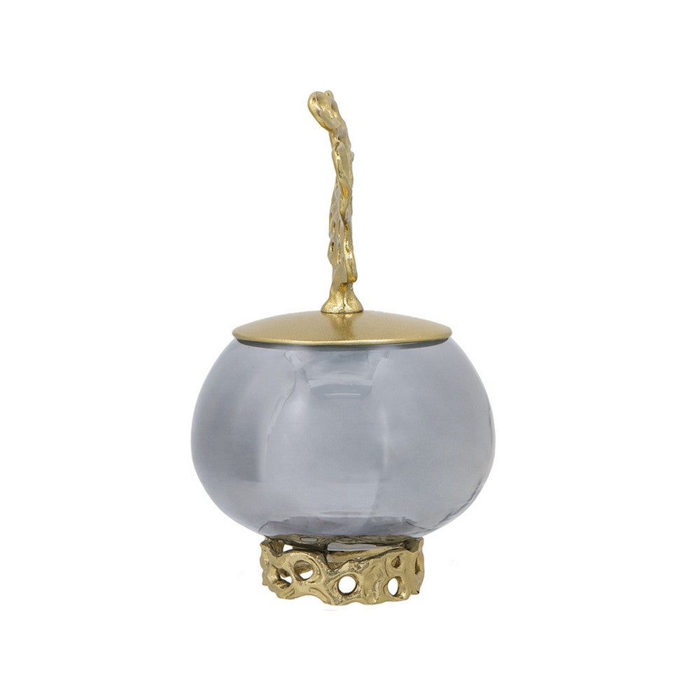 Marcy Decor Jar | Perforated Design Gold Aluminum Lid | Black Glass | 10"