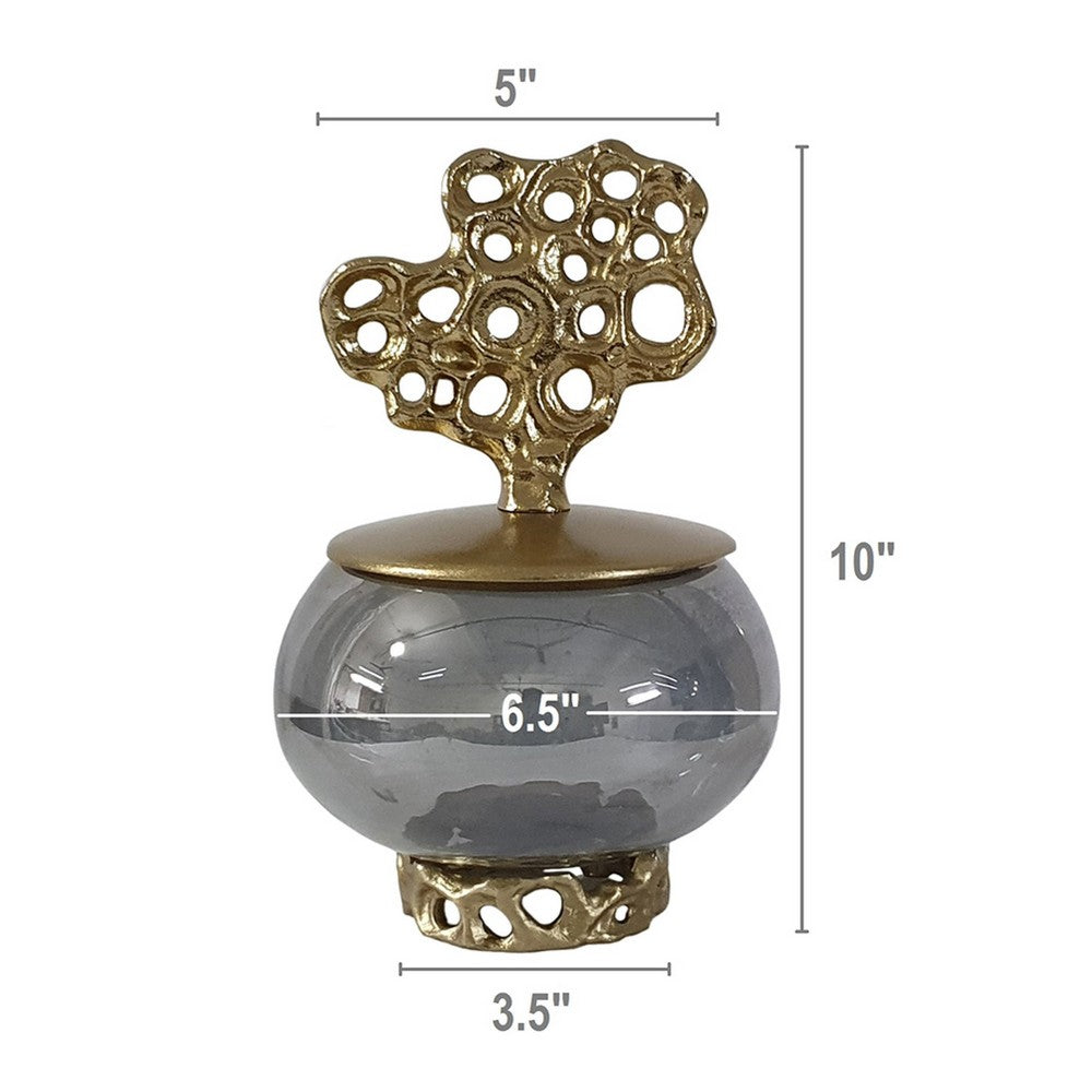 Marcy Decor Jar | Perforated Design Gold Aluminum Lid | Black Glass | 10"