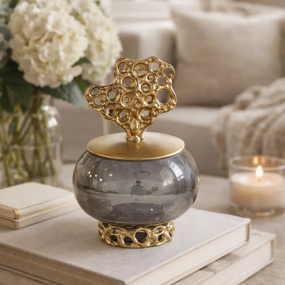 Marcy Decor Jar | Perforated Design Gold Aluminum Lid | Black Glass | 10"