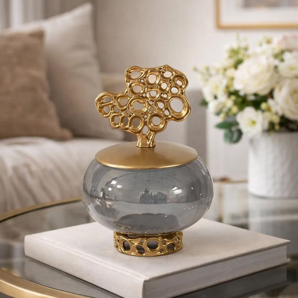 Marcy Decor Jar | Perforated Design Gold Aluminum Lid | Black Glass | 10"
