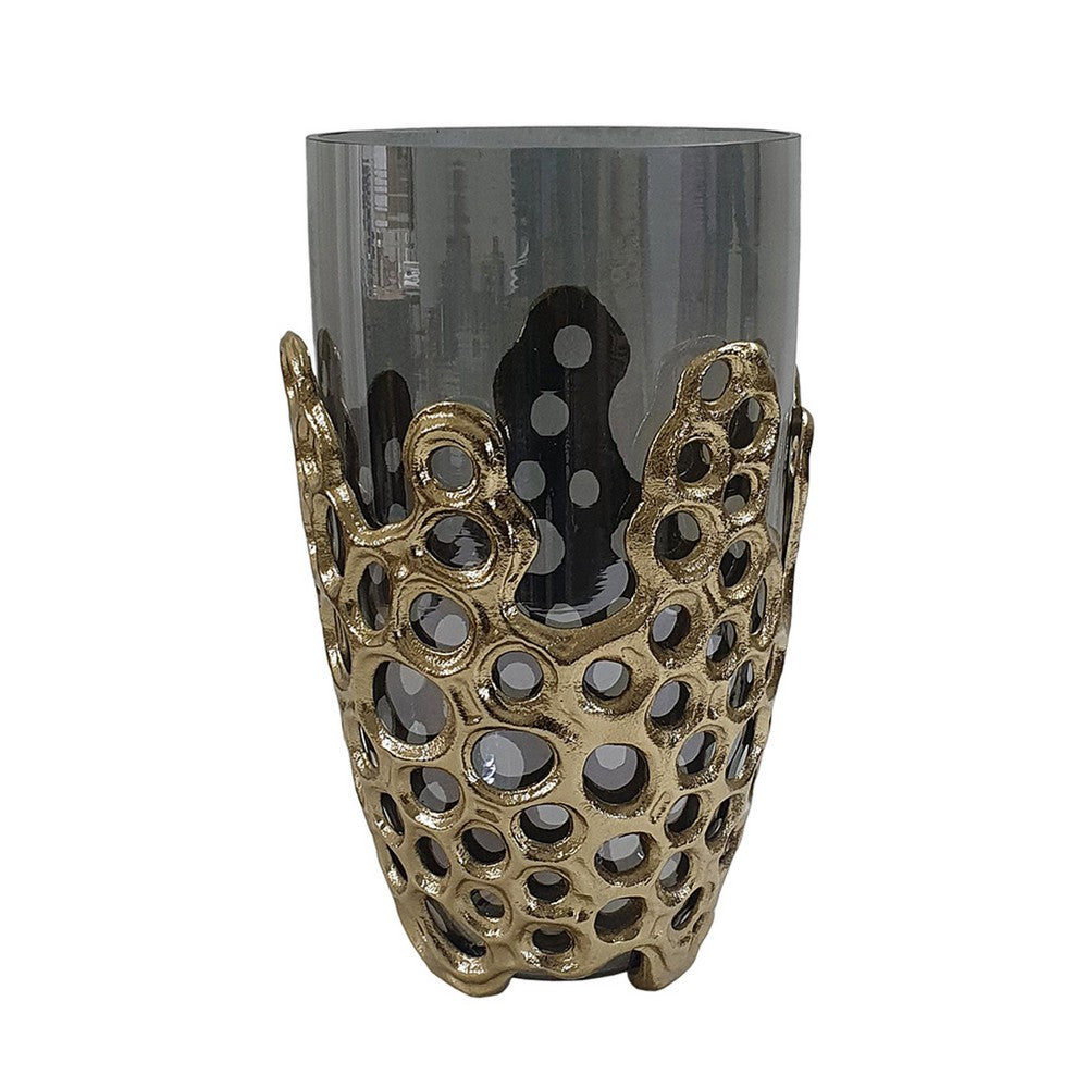 Brian Decorative Vase w Naturalist Gold Aluminum Frame | Black Glass 11"