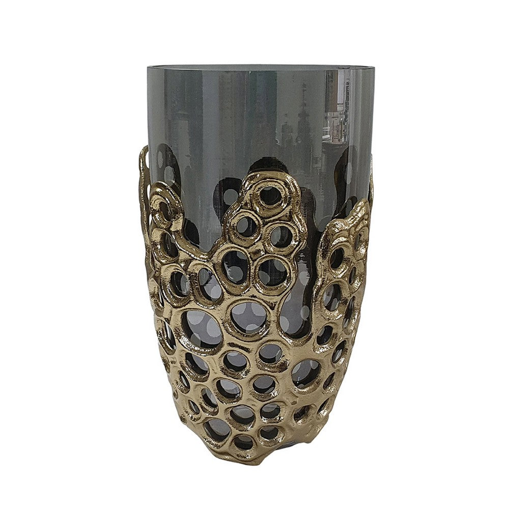 Brian Decorative Vase w Naturalist Gold Aluminum Frame | Black Glass 11"