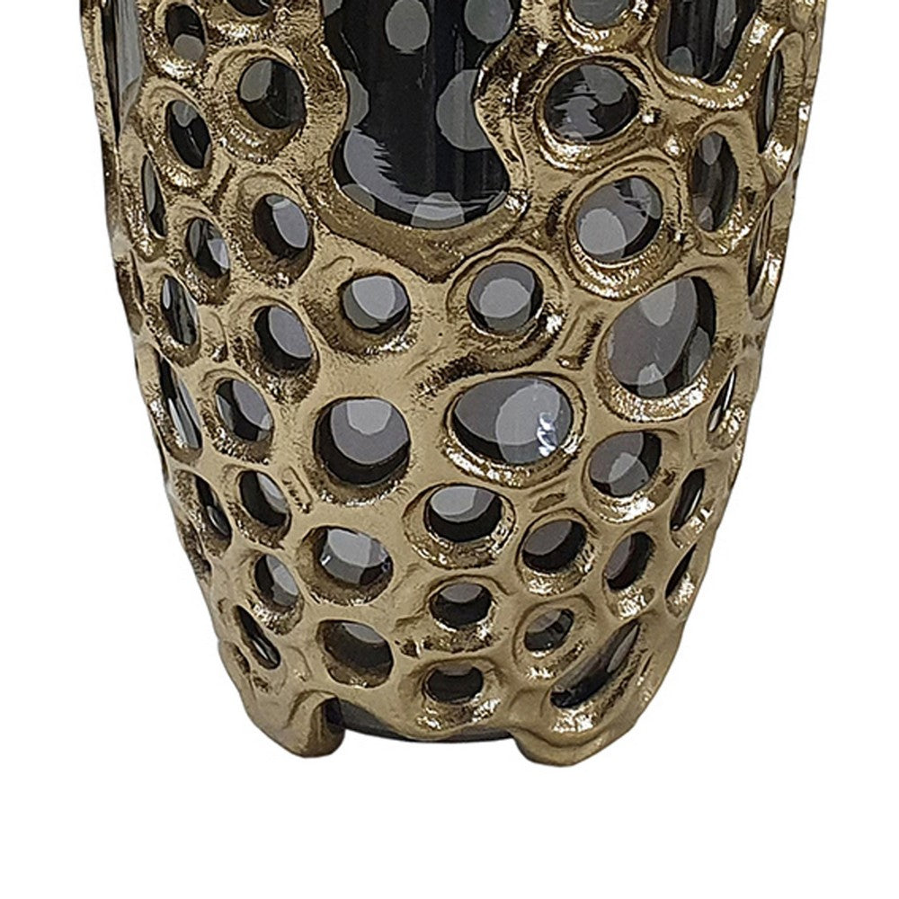 Brian Decorative Vase w Naturalist Gold Aluminum Frame | Black Glass 11"
