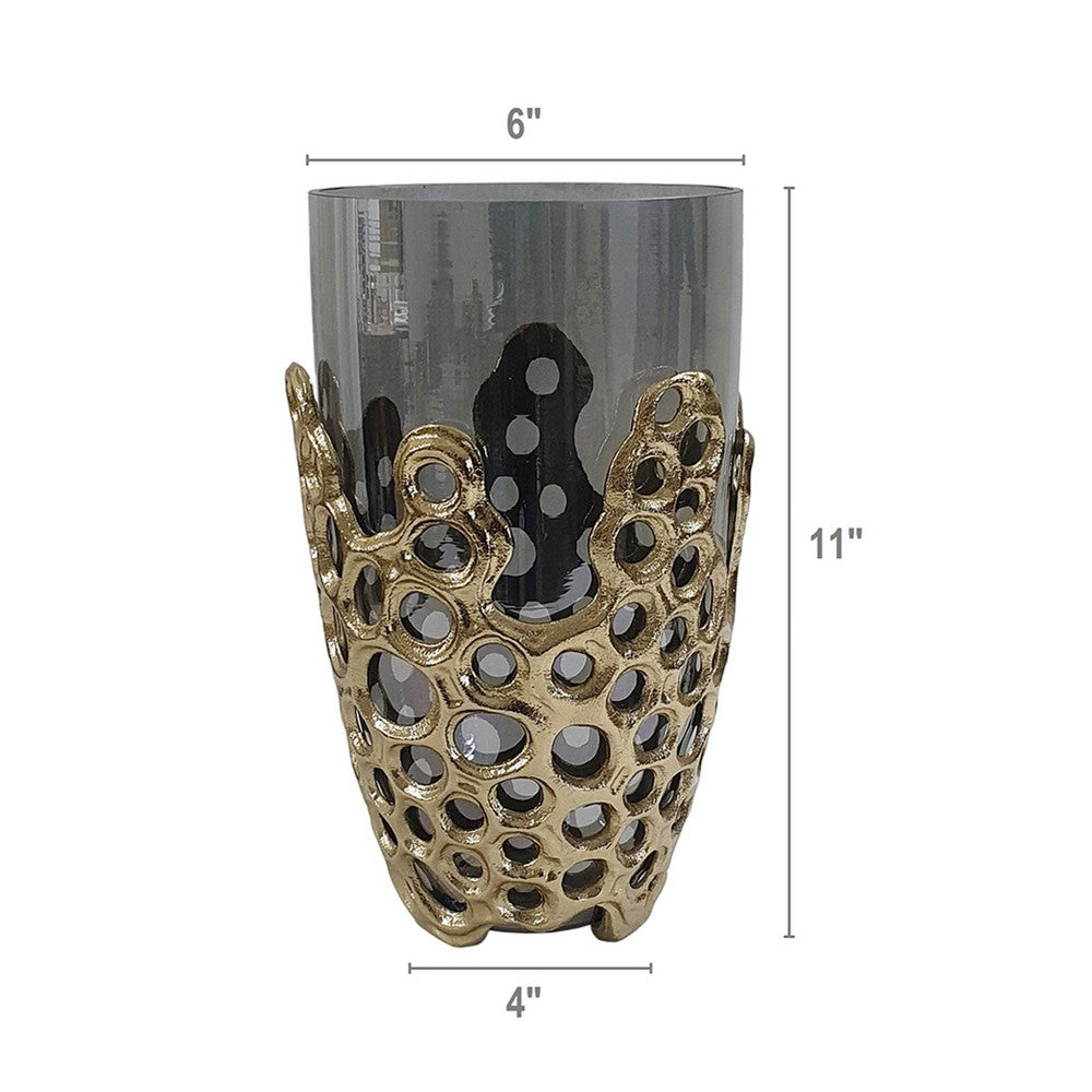 Brian Decorative Vase w Naturalist Gold Aluminum Frame | Black Glass 11"