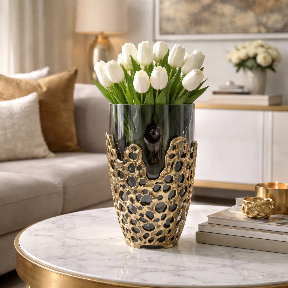 Brian Decorative Vase w Naturalist Gold Aluminum Frame | Black Glass 11"