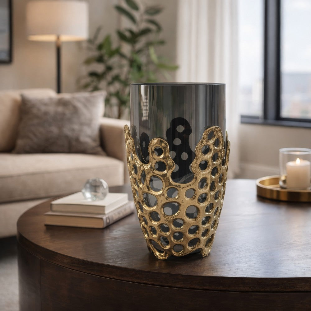 Brian Decorative Vase w Naturalist Gold Aluminum Frame | Black Glass 11"