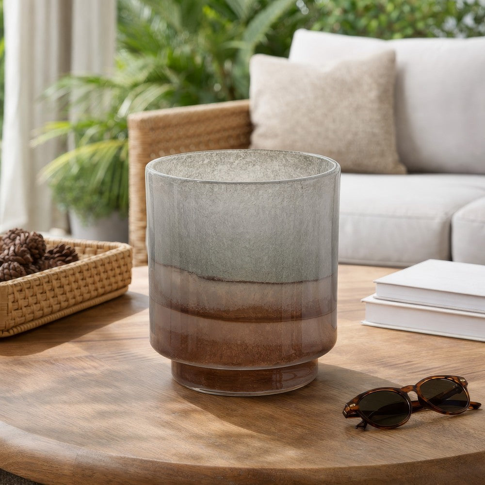 Ibiza Handcrafted Decorative Vase | Wood | Layered Brown-Gray Glass 9"