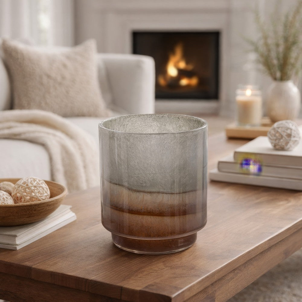 Ibiza Handcrafted Decorative Vase | Wood | Layered Brown-Gray Glass 9"