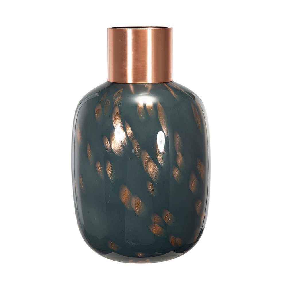 Celina Round Vase | Copper Fleck Details | Iron Neck Blue Glass | 17"