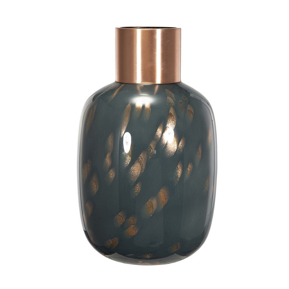 Celina Round Vase | Copper Fleck Details | Iron Neck Blue Glass | 17"