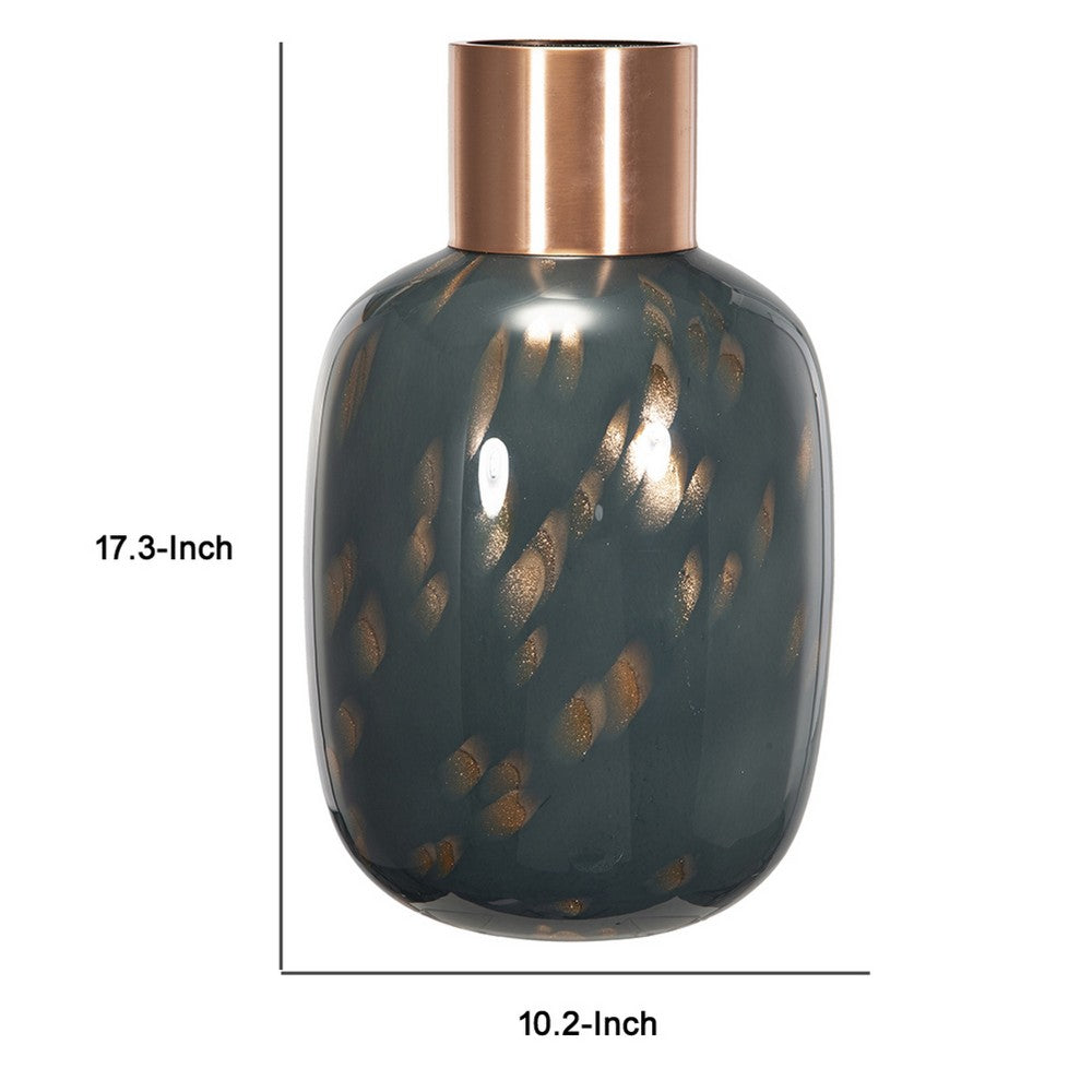 Celina Round Vase | Copper Fleck Details | Iron Neck Blue Glass | 17"