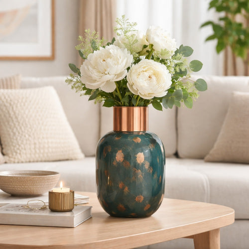 Celina Round Vase | Copper Fleck Details | Iron Neck Blue Glass | 17"