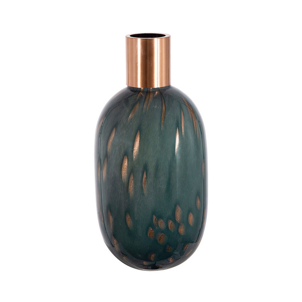 Celina Round Vase w Copper Fleck Details Blue Glass | Iron Neck | 20"
