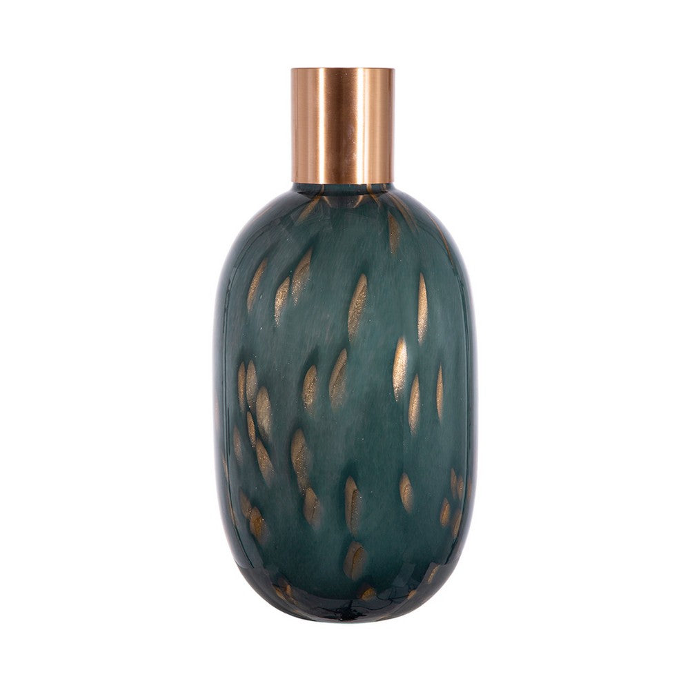 Celina Round Vase w Copper Fleck Details Blue Glass | Iron Neck | 20"