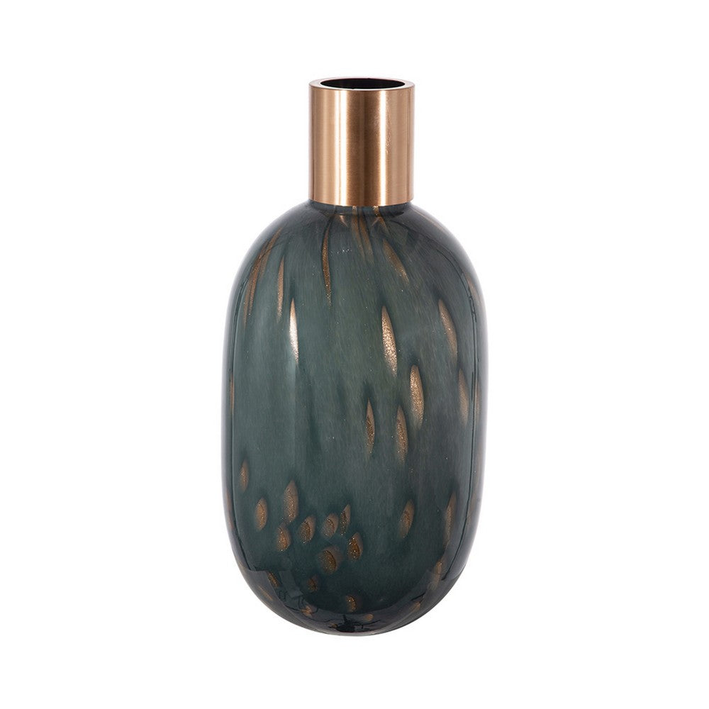 Celina Round Vase w Copper Fleck Details Blue Glass | Iron Neck | 20"