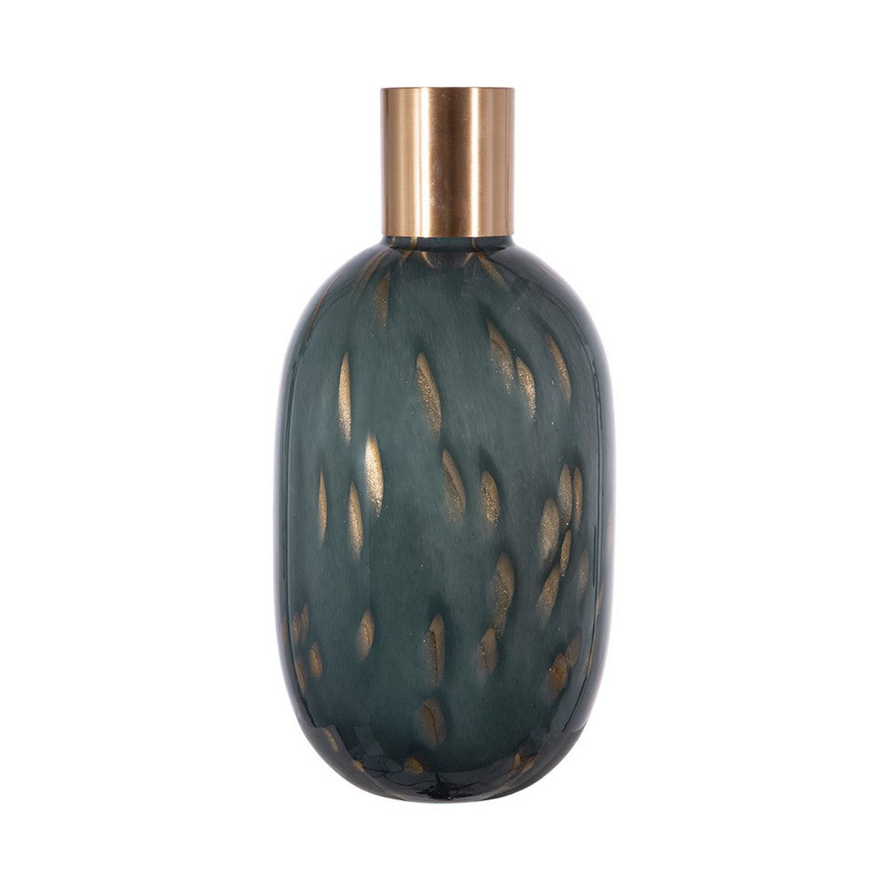 Celina Round Vase w Copper Fleck Details Blue Glass | Iron Neck | 20"