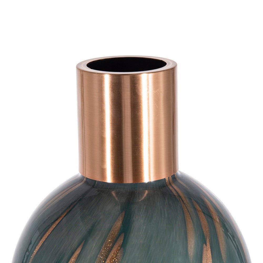 Celina Round Vase w Copper Fleck Details Blue Glass | Iron Neck | 20"