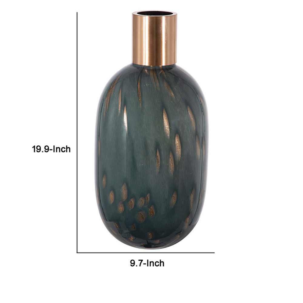 Celina Round Vase w Copper Fleck Details Blue Glass | Iron Neck | 20"