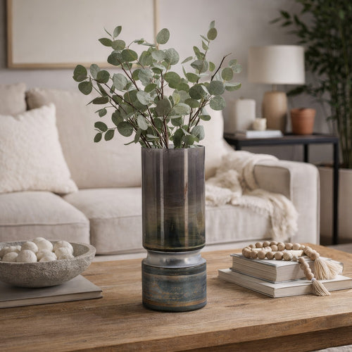Jane Large Decorative Vase | Steel Base | Layered Blue-Black Glass 13"
