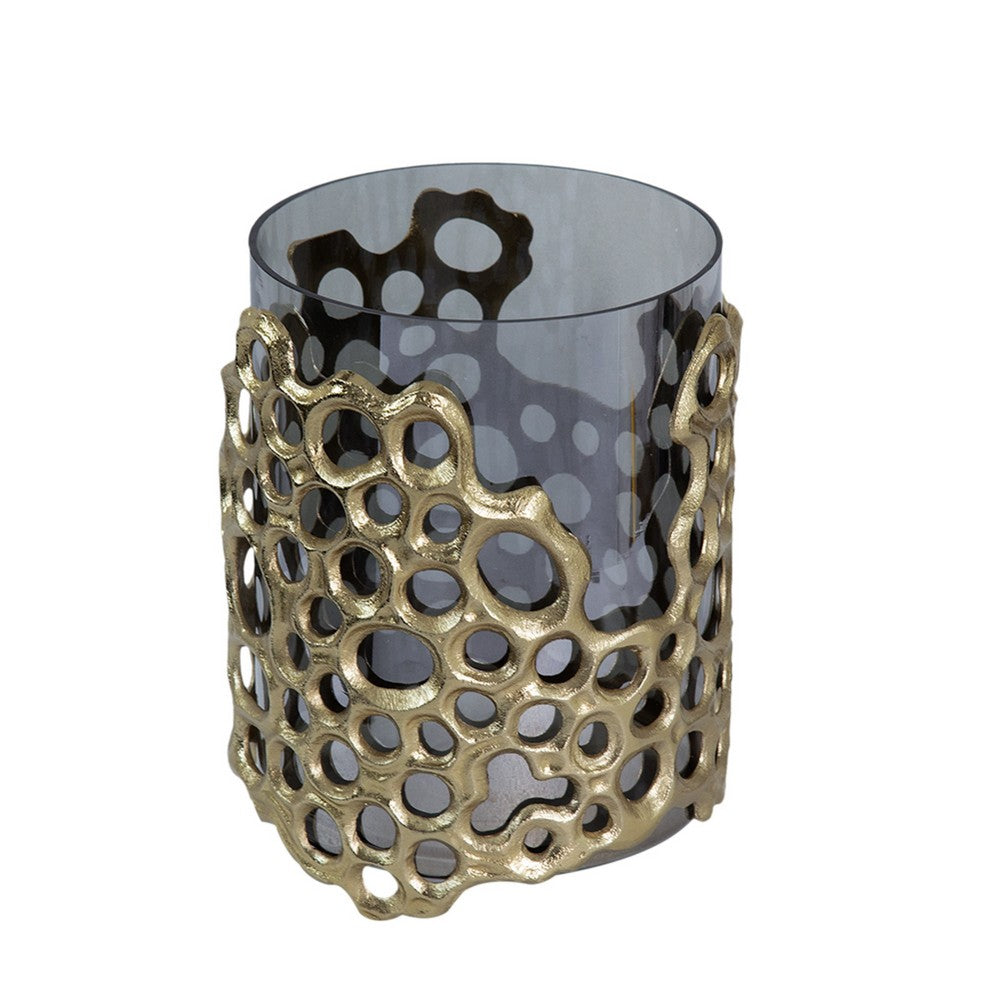 Brian Candle Holder | Honey Comb Gold Frame | Black Glass 11"