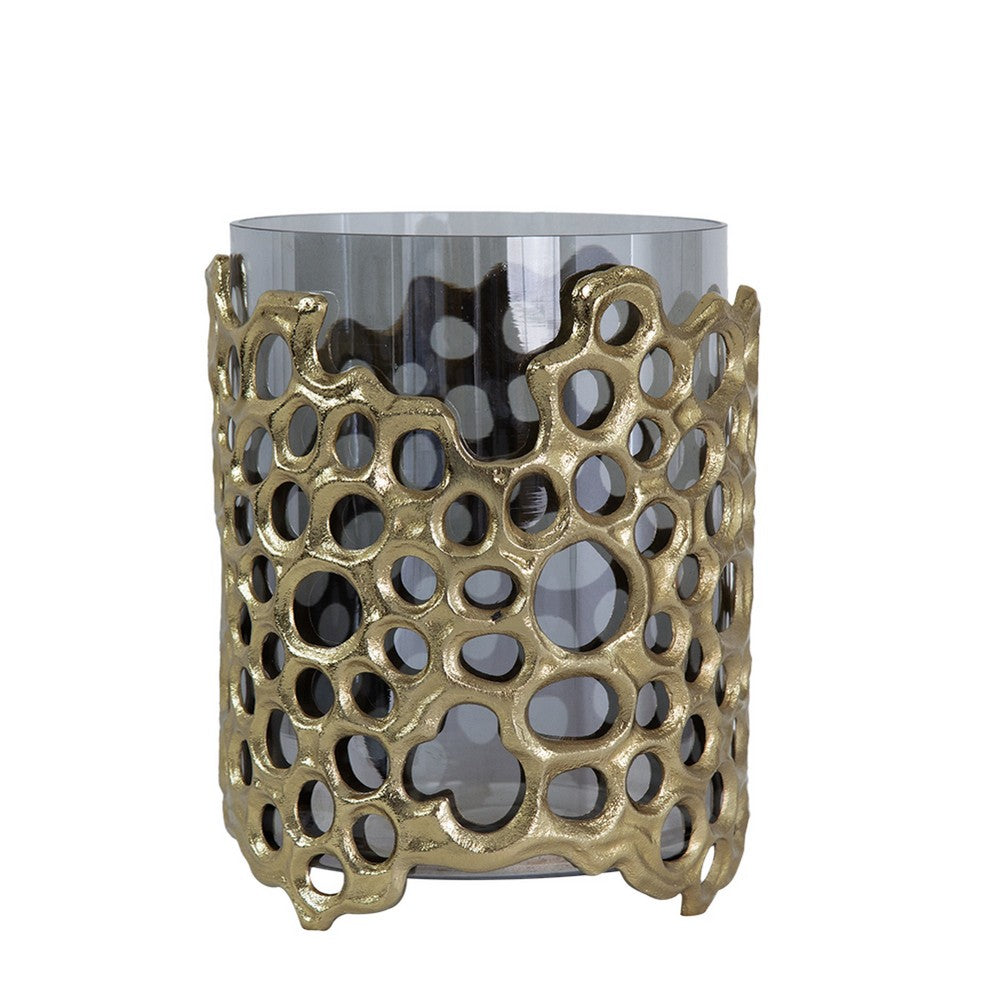 Brian Candle Holder | Honey Comb Gold Frame | Black Glass 11"