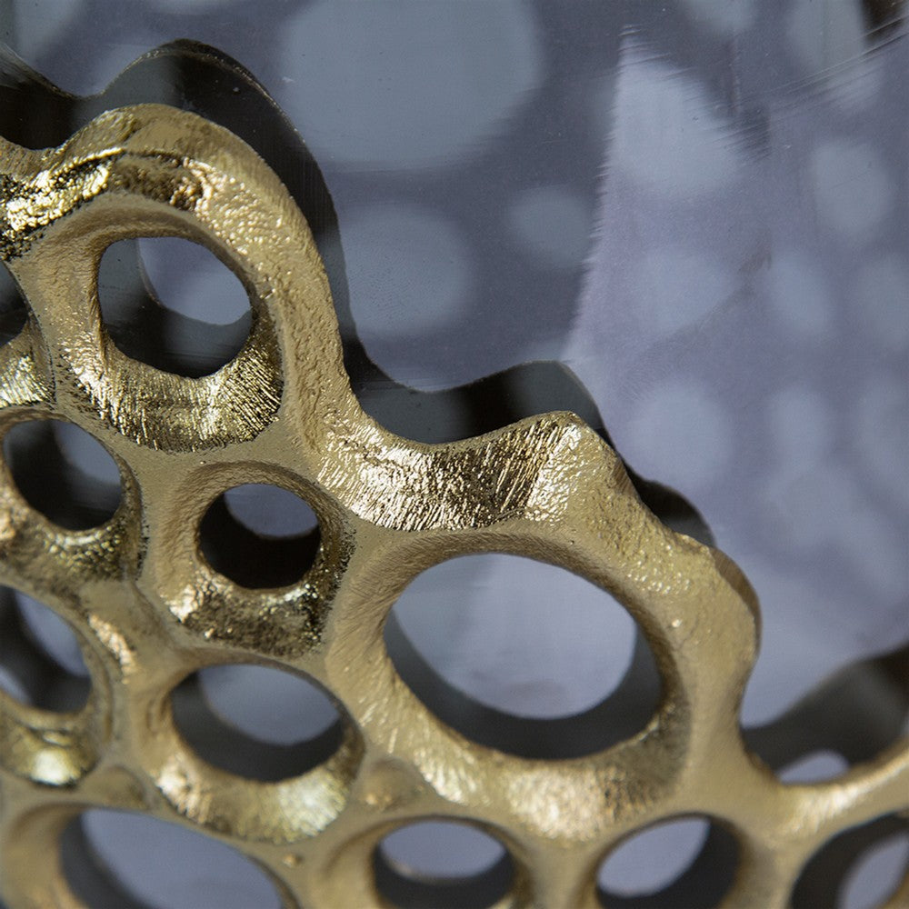 Brian Candle Holder | Honey Comb Gold Frame | Black Glass 11"