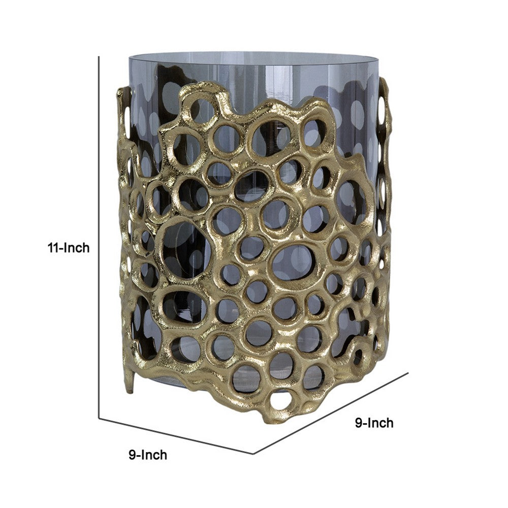 Brian Candle Holder | Honey Comb Gold Frame | Black Glass 11"