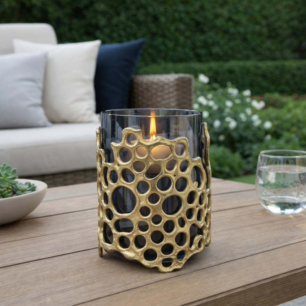 Brian Candle Holder | Honey Comb Gold Frame | Black Glass 11"