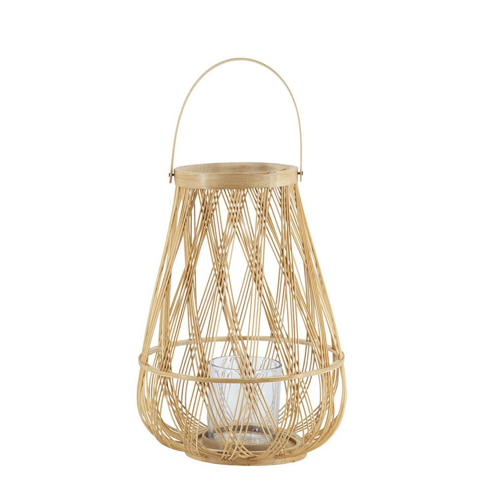 Nicole Decorative Lantern | Open Weave Design | Beige Bamboo | Glass 14"