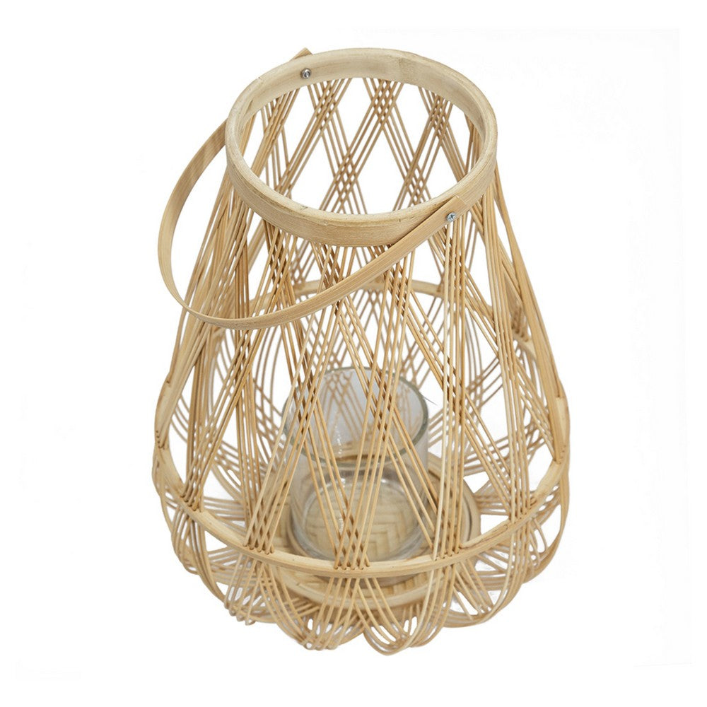 Nicole Decorative Lantern | Open Weave Design | Beige Bamboo | Glass 14"