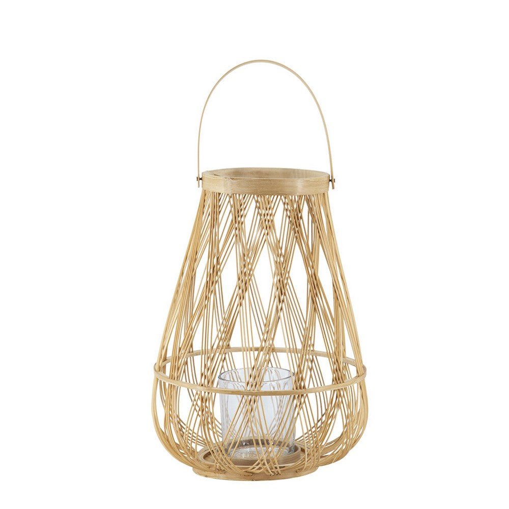 Nicole Decorative Lantern | Open Weave Design | Beige Bamboo | Glass 14"