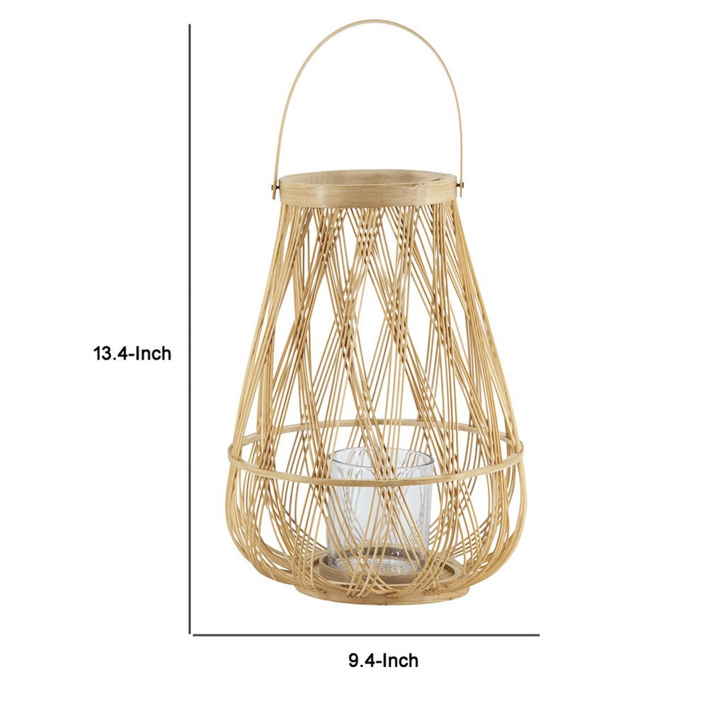 Nicole Decorative Lantern | Open Weave Design | Beige Bamboo | Glass 14"