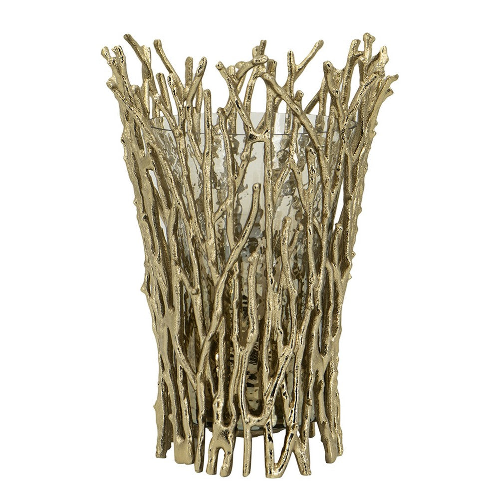 Mandy Mabrey Candle Holder | Branch Details | Gold Metal | Black Glass 13"