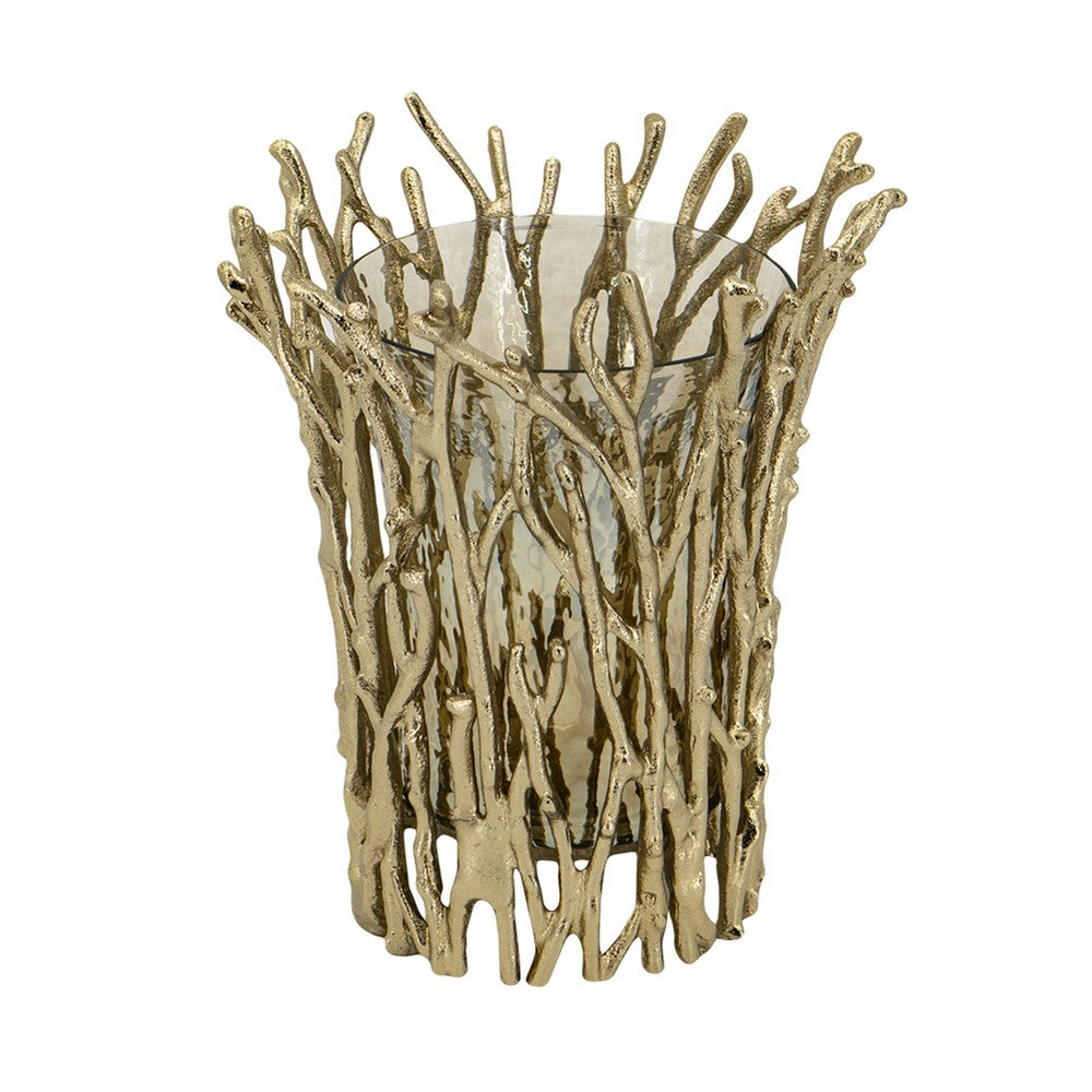 Mandy Mabrey Candle Holder | Branch Details | Gold Metal | Black Glass 13"