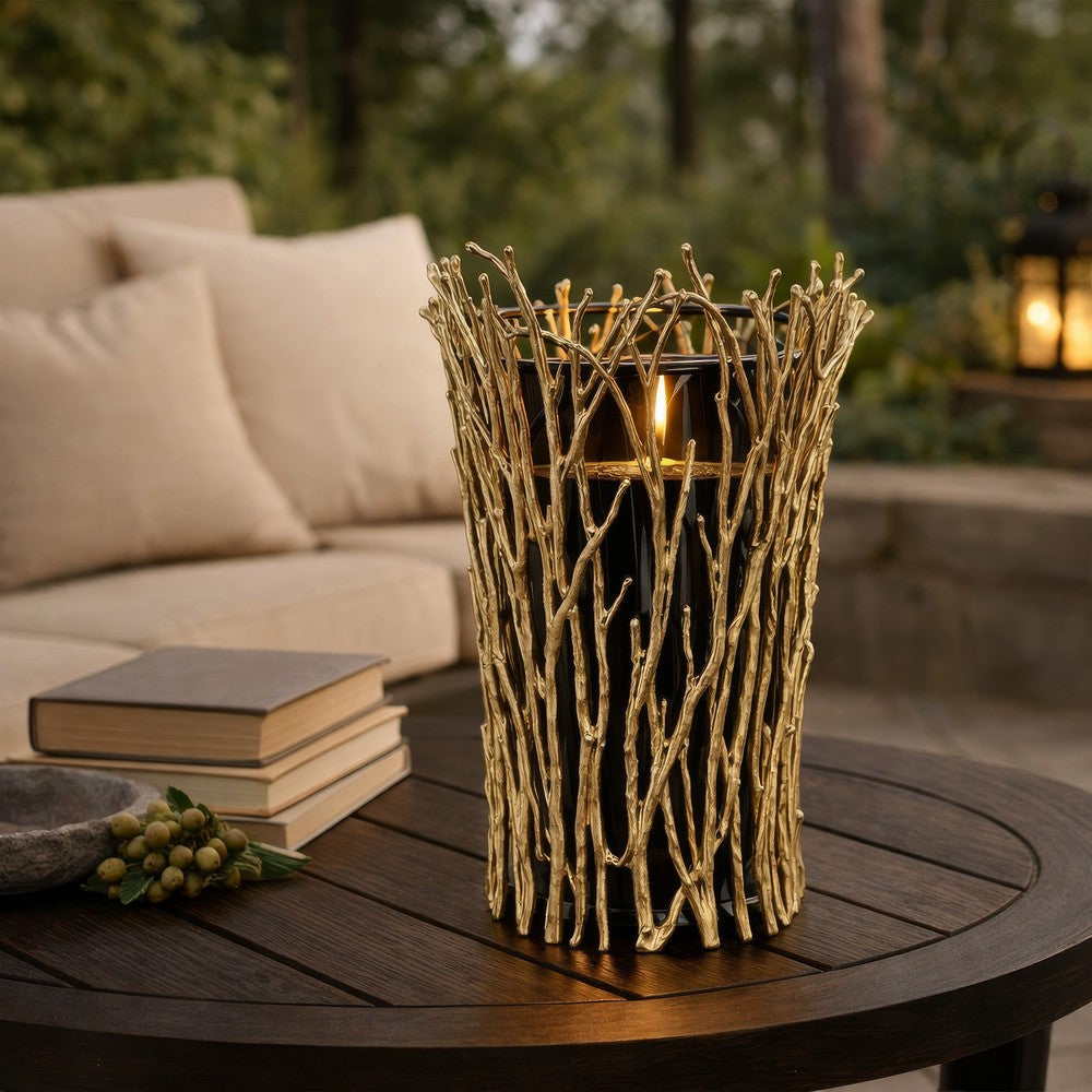 Mandy Mabrey Candle Holder | Branch Details | Gold Metal | Black Glass 13"
