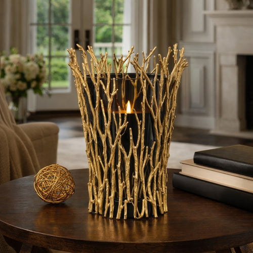 Mandy Mabrey Candle Holder | Branch Details | Gold Metal | Black Glass 13"