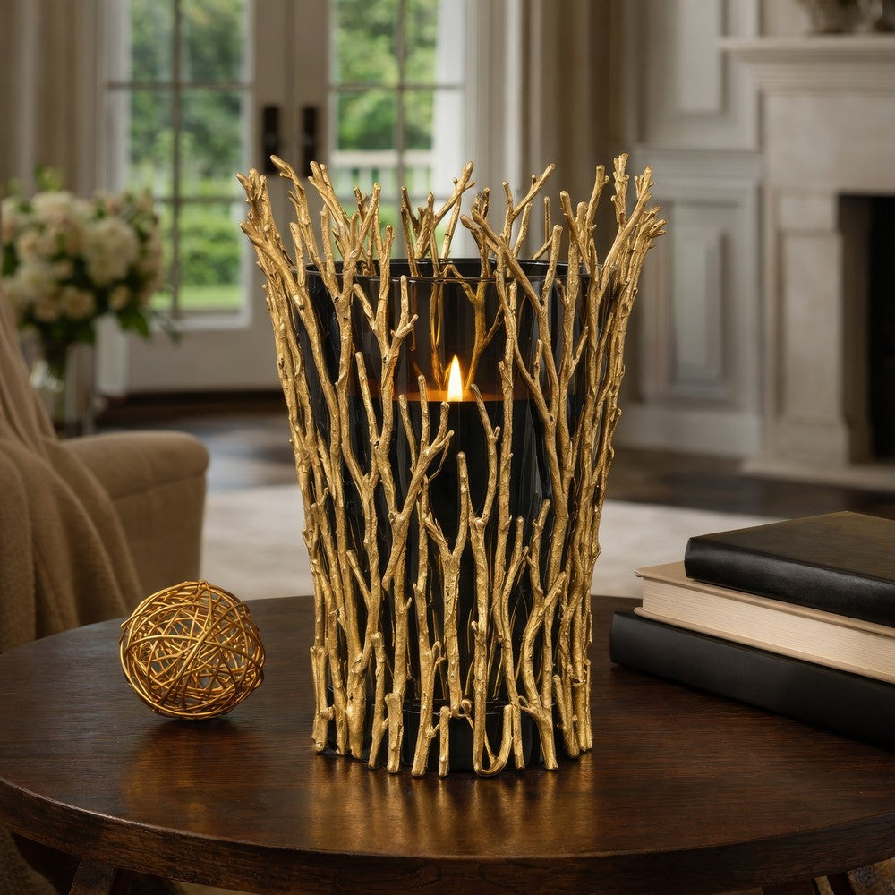 Mandy Mabrey Candle Holder | Branch Details | Gold Metal | Black Glass 13"