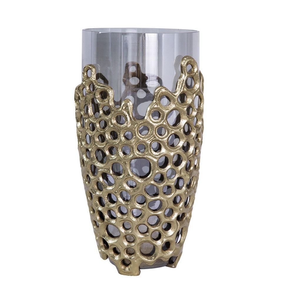 Brian Decorative Vase w Gold Metal Sculpted Lid | Black Glass 15"
