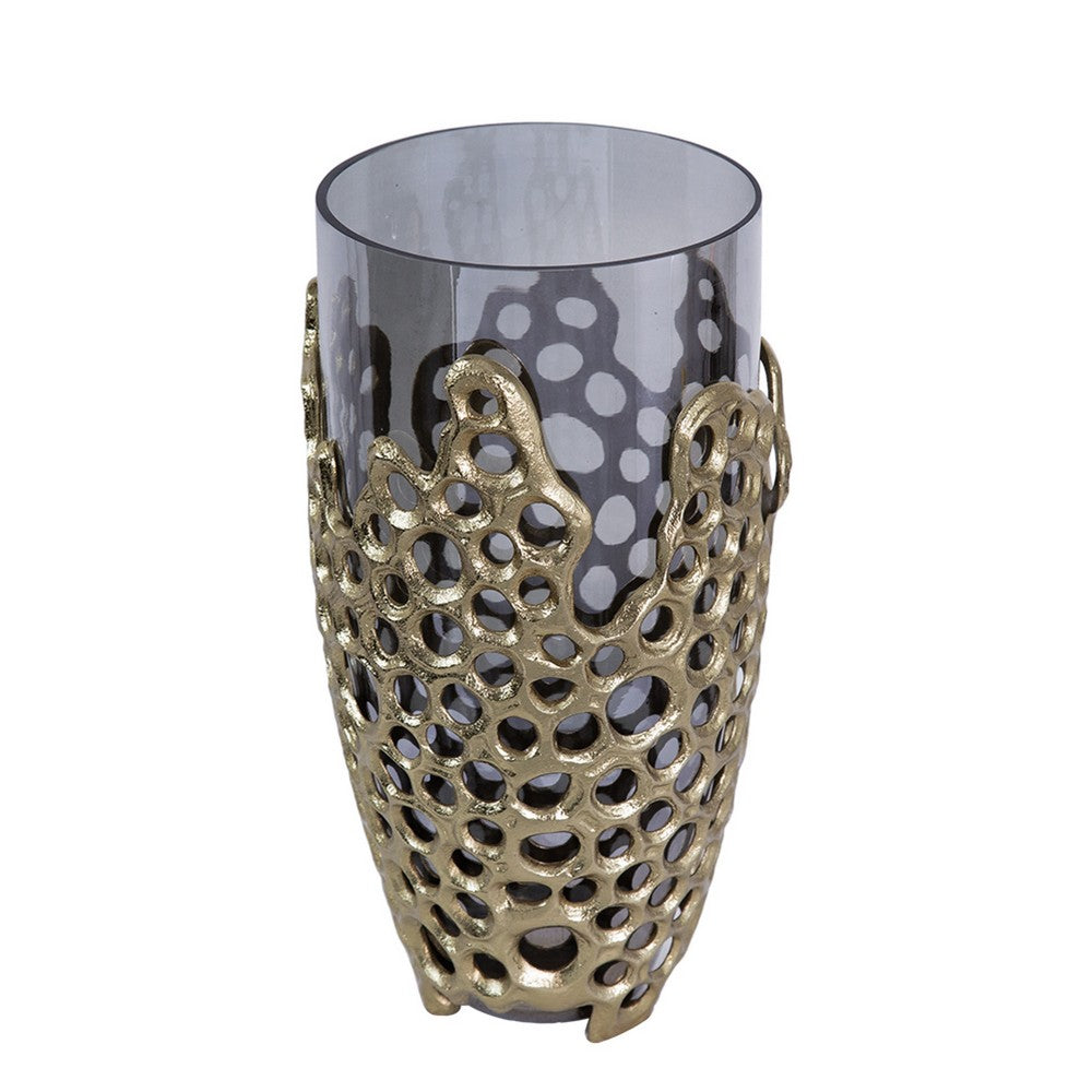 Brian Decorative Vase w Gold Metal Sculpted Lid | Black Glass 15"