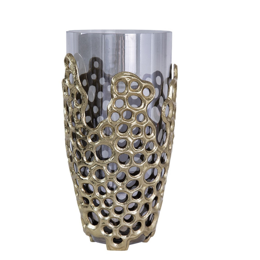 Brian Decorative Vase w Gold Metal Sculpted Lid | Black Glass 15"